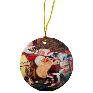 Santa Sleeping w/ Dogs Ceramic Round Ornament Christmas Tree Hanging NEW
